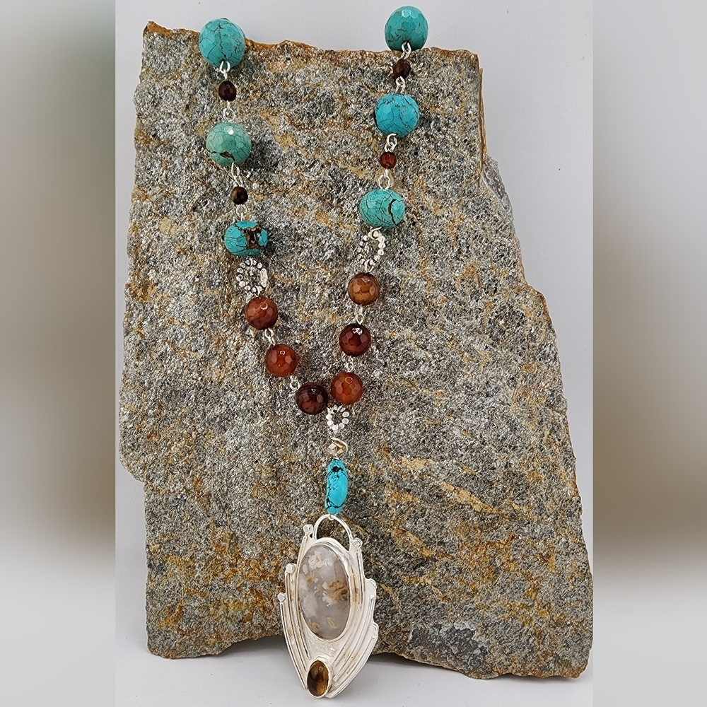 TURQUOISE, CARNELIAN, & DENDRITIC AGATE NECKLACE HANDMADE IN STERLING SILVER - Picture 1 of 9